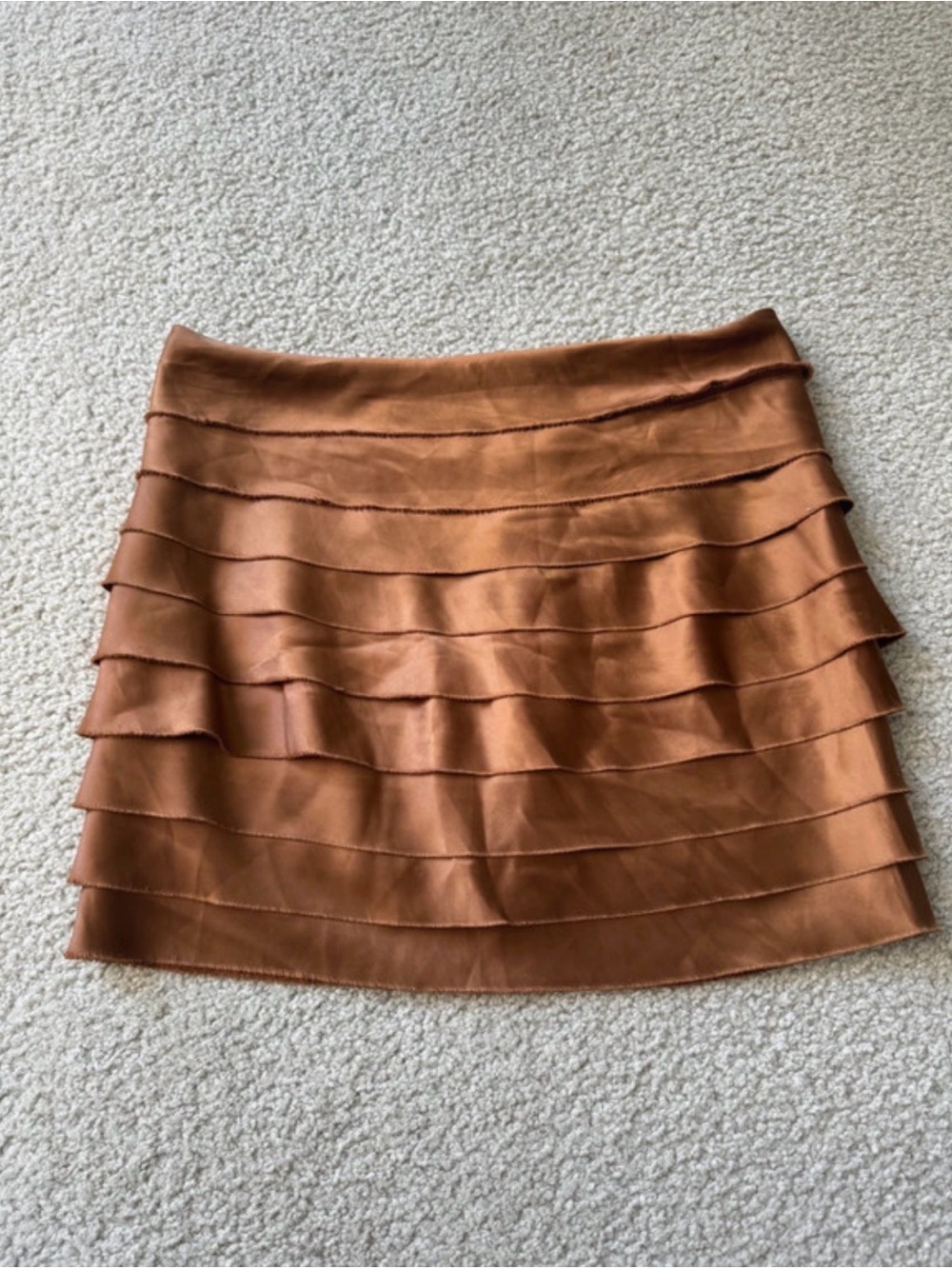 Phanuel Tiered Satin Mini Skirt in Copper Brown Ruffle 2000s y2k